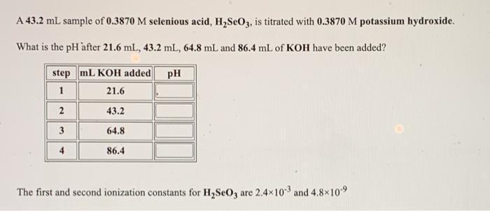 A 43.2 mL sample of 0.3870 M selenious acid, HSeO3, is titrated with 0.3870 M potassium hydroxide. What is