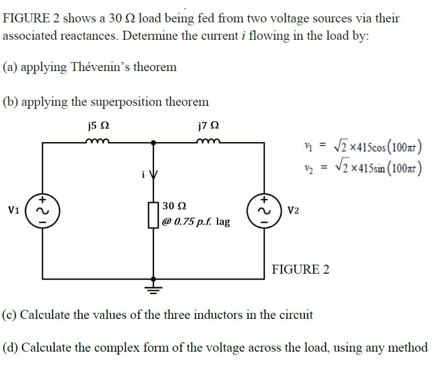 FIGURE 2 shows a 30 9 load being fed from two voltage sources via their associated reactances. Determine the