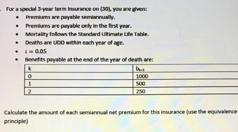 . For a special 3-year term insurance on (30), you are given: Premiums are payable semiannually.  Premiums