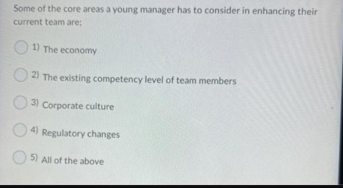 Some of the core areas a young manager has to consider in enhancing their current team are: 1) The economy 2)