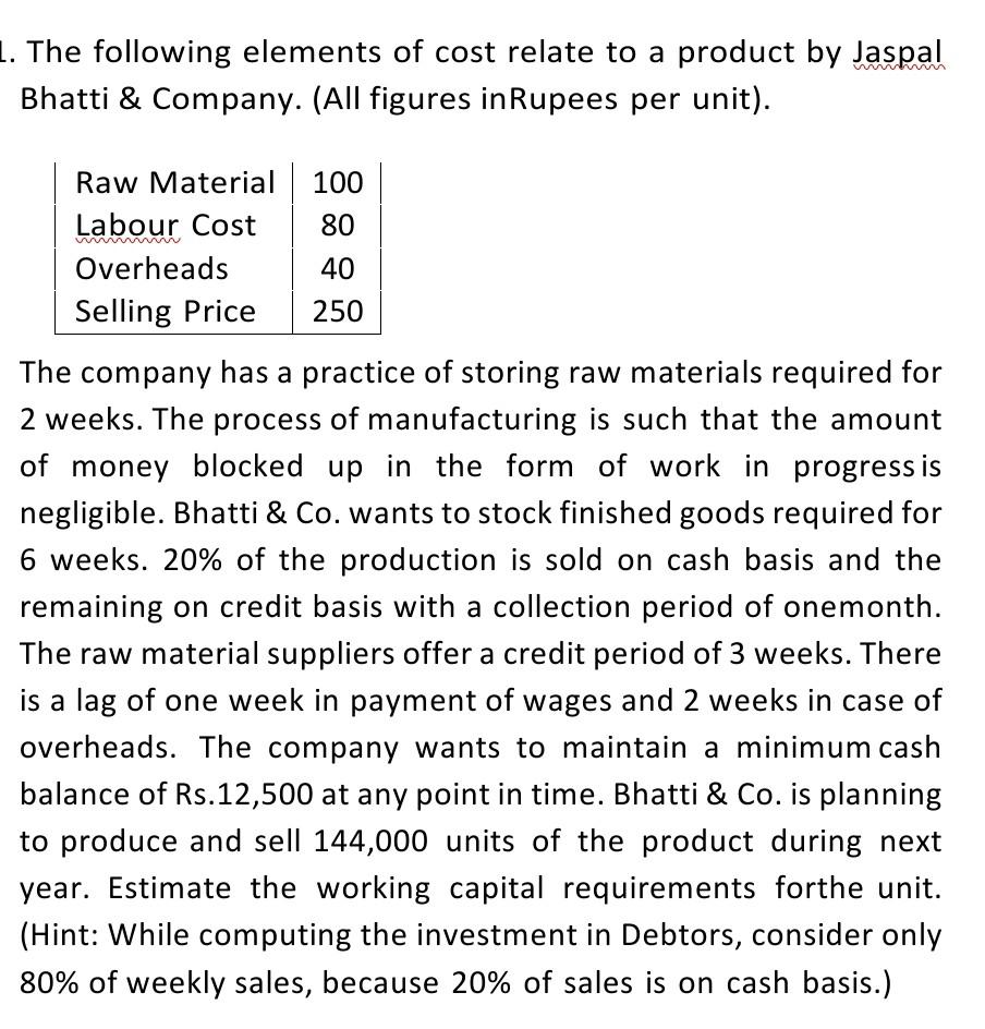 L. The following elements of cost relate to a product by Jaspal Bhatti & Company. (All figures in Rupees per