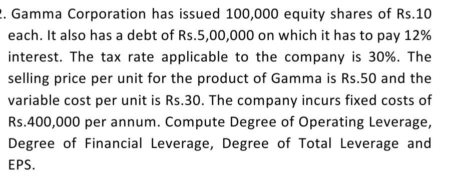 2. Gamma Corporation has issued 100,000 equity shares of Rs.10 each. It also has a debt of Rs.5,00,000 on