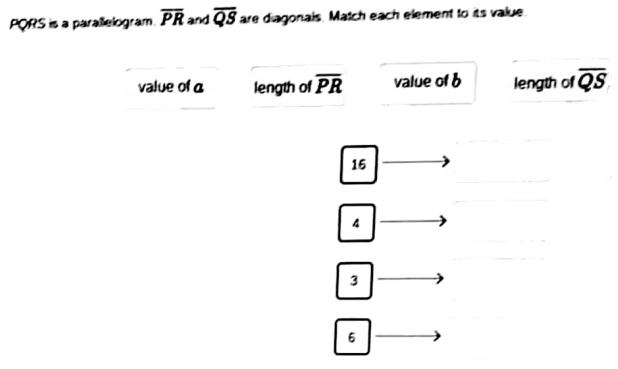 PORS is a parallelogram. PR and QS are diagonals. Match each element to its value value of a length of PR 16