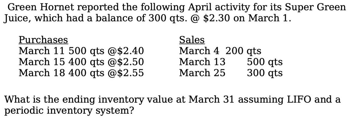 Green Hornet reported the following April activity for its Super Green Juice, which had a balance of 300 qts.