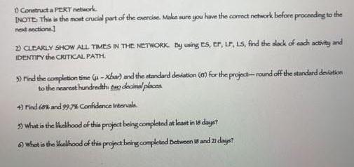 0 Construct a PERT network. [NOTE: This is the most crucial part of the exercise. Make sure you have the