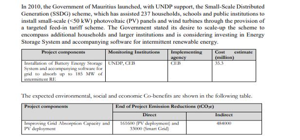 In 2010, the Government of Mauritius launched, with UNDP support, the Small-Scale Distributed Generation