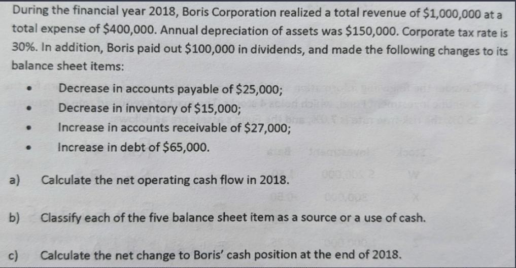 During the financial year 2018, Boris Corporation realized a total revenue of $1,000,000 at a total expense