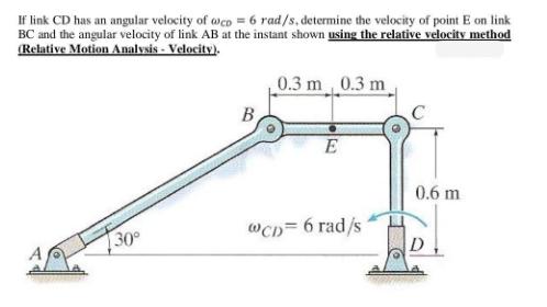 If link CD has an angular velocity of @co = 6 rad/s, determine the velocity of point E on link BC and the