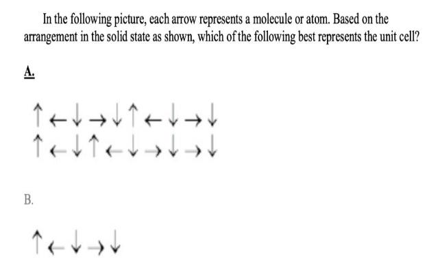 In the following picture, each arrow represents a molecule or atom. Based on the arrangement in the solid