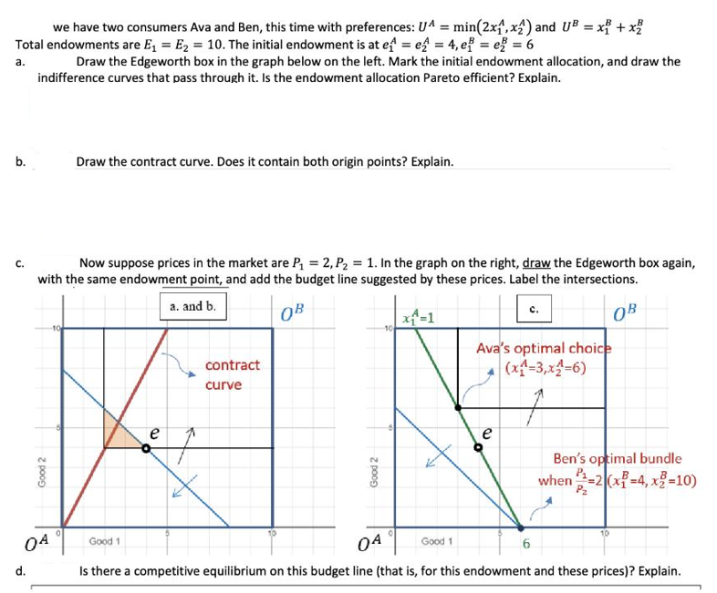 we have two consumers Ava and Ben, this time with preferences: UA = min(2x, x2) and U = x + x Total