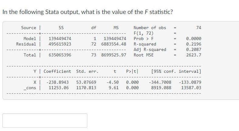 In the following Stata output, what is the value of the F statistic? Source | Model | Residual | SS 139449474