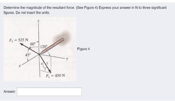 Determine the magnitude of the resultant force. (See Figure 4) Express your answer in N to three significant