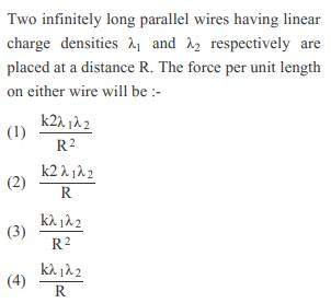 Two infinitely long parallel wires having linear charge densities and respectively are placed at a distance