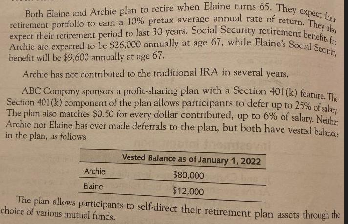 Both Elaine and Archie plan to retire when Elaine turns 65. They expect their retirement portfolio to earn a