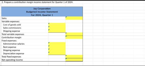 2. Prepare a contribution margin income statement for Quarter 1 of 2024. Sales Variable expenses: Cost of