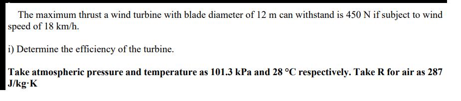 The maximum thrust a wind turbine with blade diameter of 12 m can withstand is 450 N if subject to wind speed