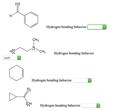 H :0: HO both : CH3 OH CH3 Hydrogen bonding behavior Hydrogen bonding behavior Hydrogen bonding behavior