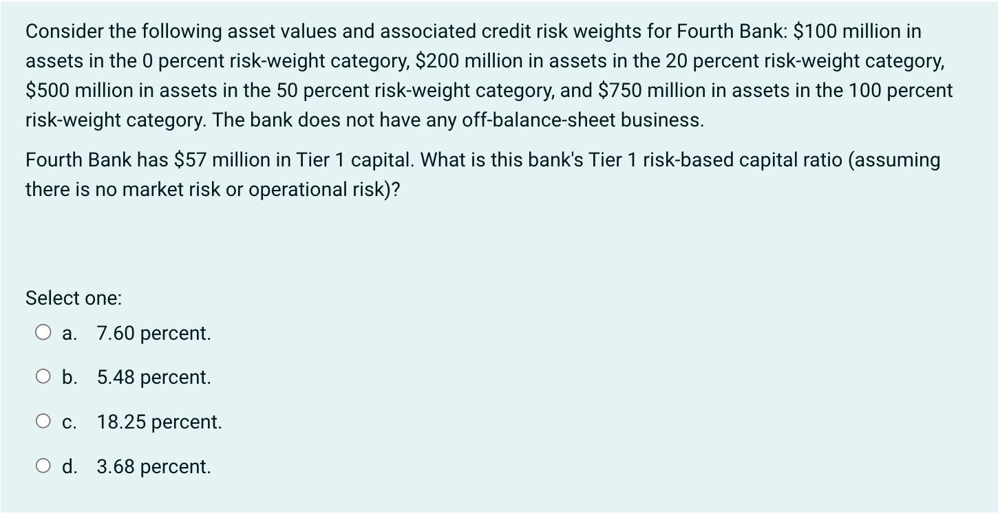 Consider the following asset values and associated credit risk weights for Fourth Bank: $100 million in