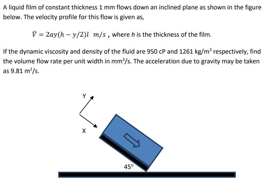 A liquid film of constant thickness 1 mm flows down an inclined plane as shown in the figure below. The
