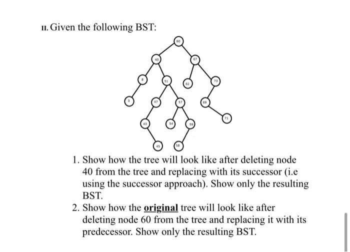 II. Given the following BST: 1. Show how the tree will look like after deleting node 40 from the tree and