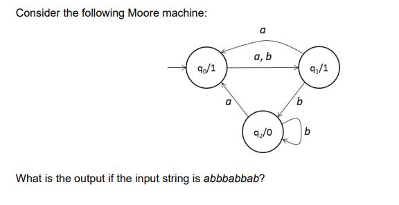 Consider the following Moore machine: 90/1 a a, b 92/0 What is the output if the input string is abbbabbab? b