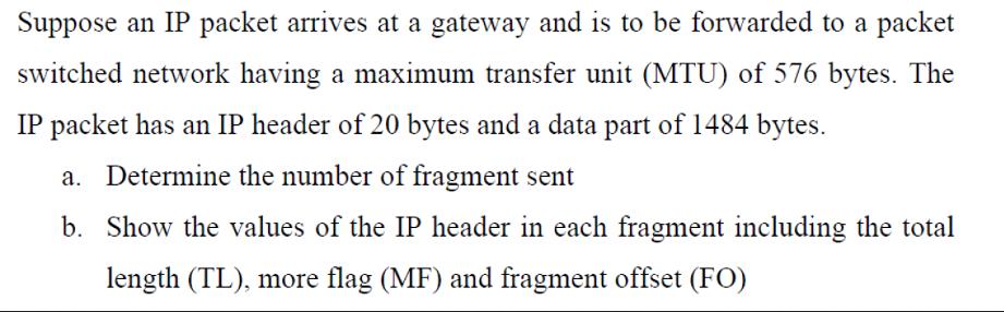 Suppose an IP packet arrives at a gateway and is to be forwarded to a packet switched network having a