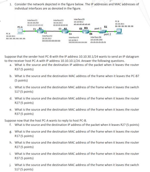 1. Consider the network depicted in the figure below. The IP addresses and MAC addresses of individual