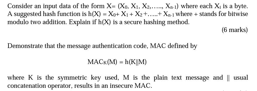 Consider an input data of the form X= (Xo, X, X2,....., Xn-1) where each X is a byte. A suggested hash