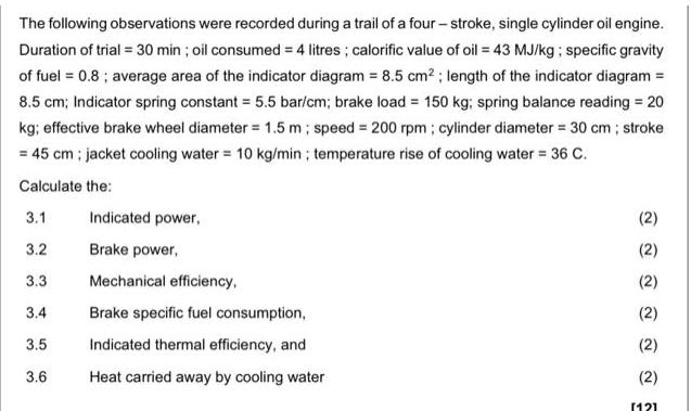 The following observations were recorded during a trail of a four-stroke, single cylinder oil engine.