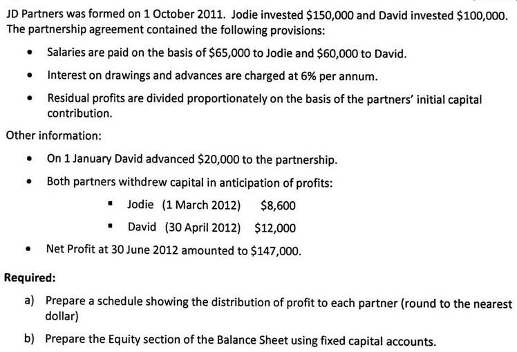 JD Partners was formed on 1 October 2011. Jodie invested $150,000 and David invested $100,000. The