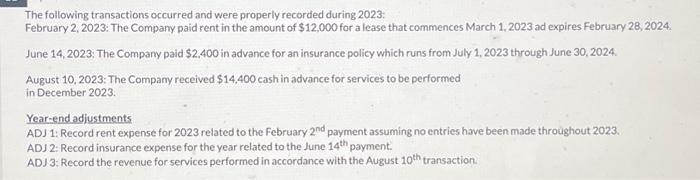 The following transactions occurred and were properly recorded during 2023: February 2, 2023: The Company