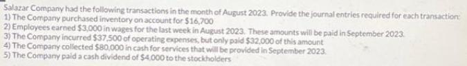 Salazar Company had the following transactions in the month of August 2023. Provide the journal entries
