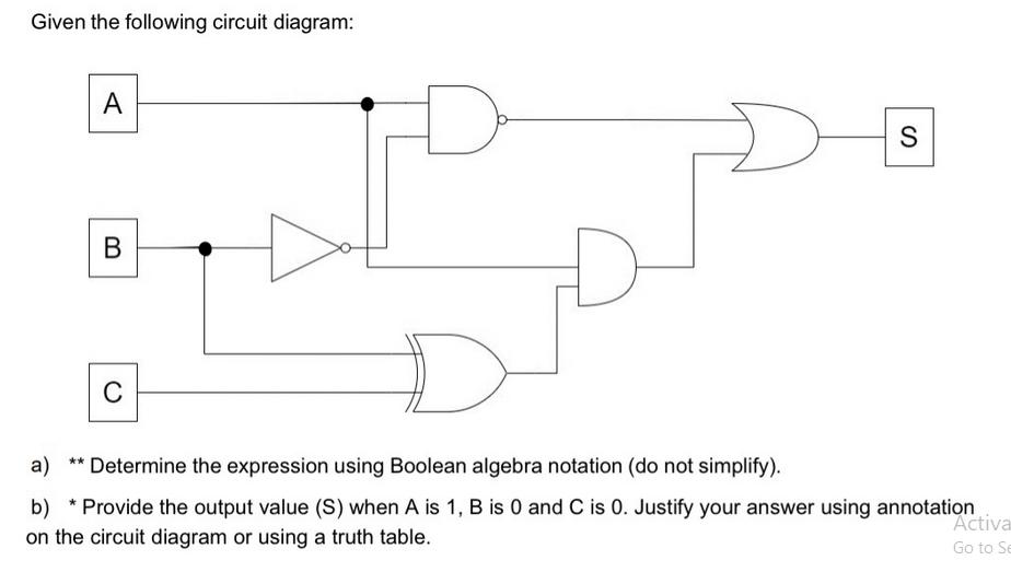 Given the following circuit diagram: A B C D D S a) ** Determine the expression using Boolean algebra
