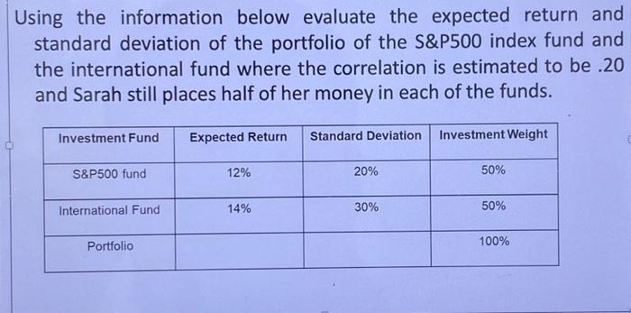 Using the information below evaluate the expected return and standard deviation of the portfolio of the