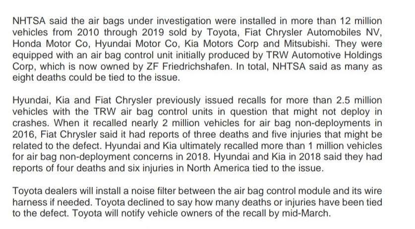 NHTSA said the air bags under investigation were installed in more than 12 million vehicles from 2010 through