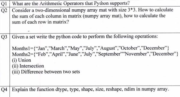 Q1 Q2 What are the Arithmetic Operators that Python supports? Consider a two-dimensional numpy array mat with