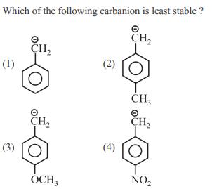 Which of the following carbanion is least stable ?  CH (1) (3) CH CH OCH3 (2) CH3 O CH NO