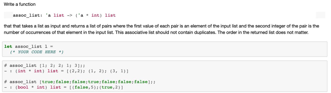 Write a function assoc_list: 'a list-> ('a* int) list that that takes a list as input and returns a list of