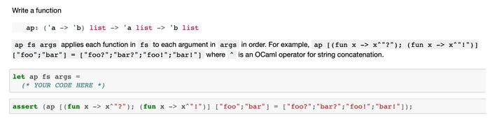 Write a function ap: ('a'b) list> 'a list -> 'b list ap fs args applies each function in fs to each argument