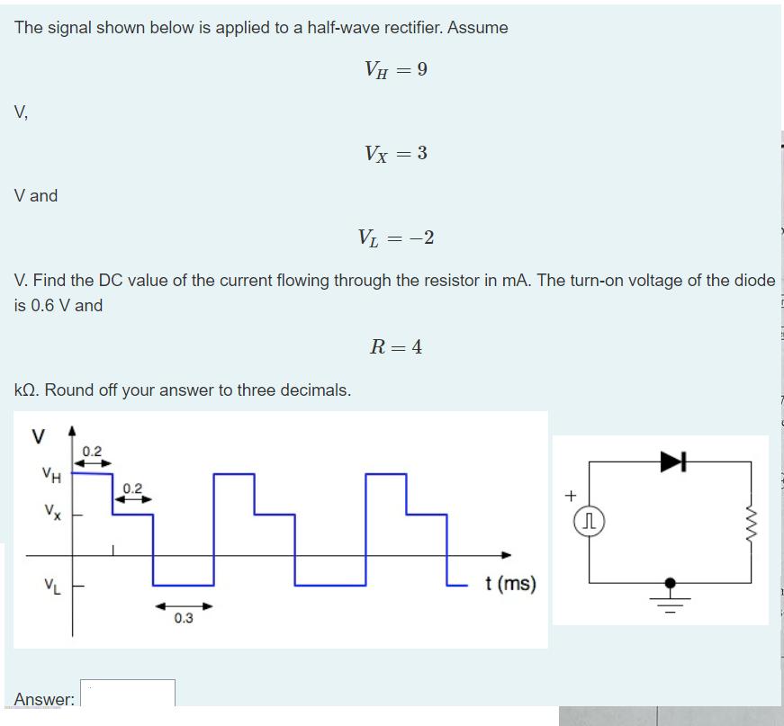 The signal shown below is applied to a half-wave rectifier. Assume V, V and kQ. Round off your answer to