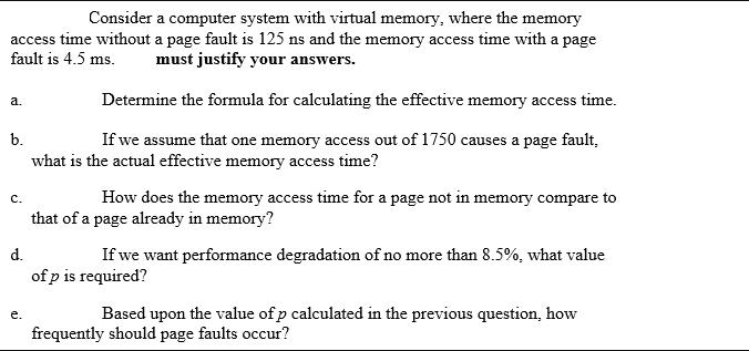 Consider a computer system with virtual memory, where the memory access time without a page fault is 125 ns