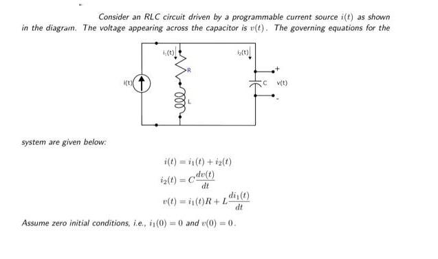 Consider an RLC circuit driven by a programmable current source i(t) as shown in the diagram. The voltage