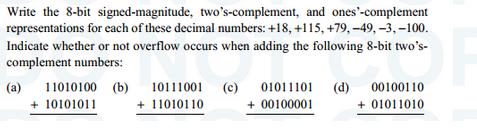 Write the 8-bit signed-magnitude, two's-complement, and ones'-complement representations for each of these