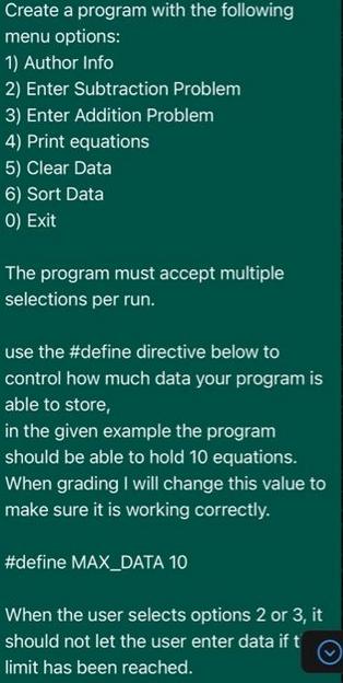 Create a program with the following menu options: 1) Author Info 2) Enter Subtraction Problem 3) Enter