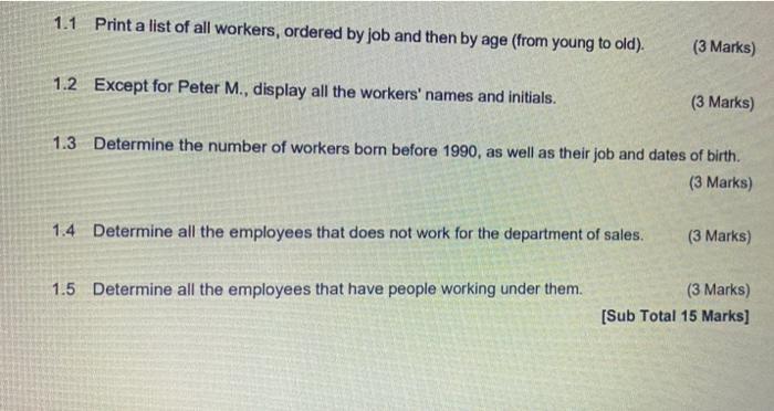 1.1 Print a list of all workers, ordered by job and then by age (from young to old). 1.2 Except for Peter M.,