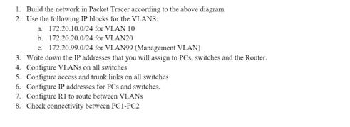 1. Build the network in Packet Tracer according to the above diagram 2. Use the following IP blocks for the