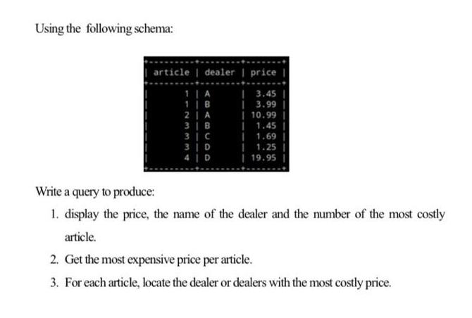 Using the following schema: article | dealer | price | 1 | A 13.45 1| B | 3.99 10.99 21 A 3 | B 3 | C 31 D 41