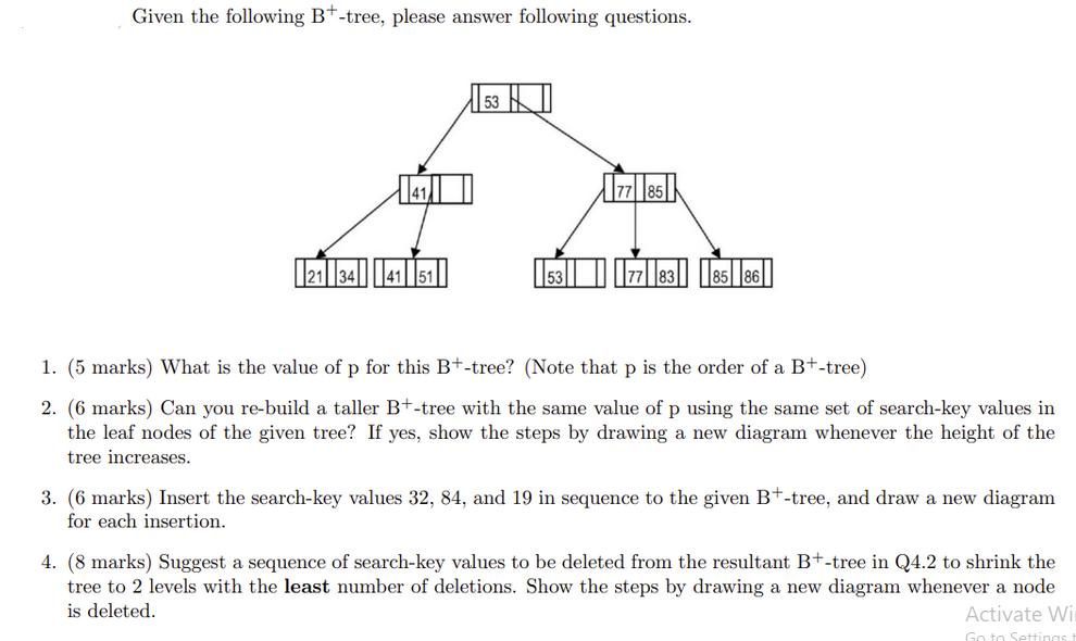 Given the following B+-tree, please answer following questions. 12113411411511 53|77|83|85||86|| 1. (5 marks)