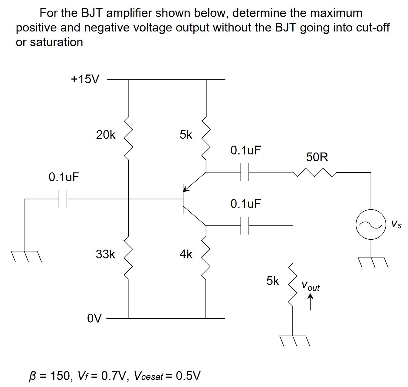 For the BJT amplifier shown below, determine the maximum positive and negative voltage output without the BJT