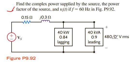 Find the complex power supplied by the source, the power factor of the source, and v(t) if f = 60 Hz in Fig.